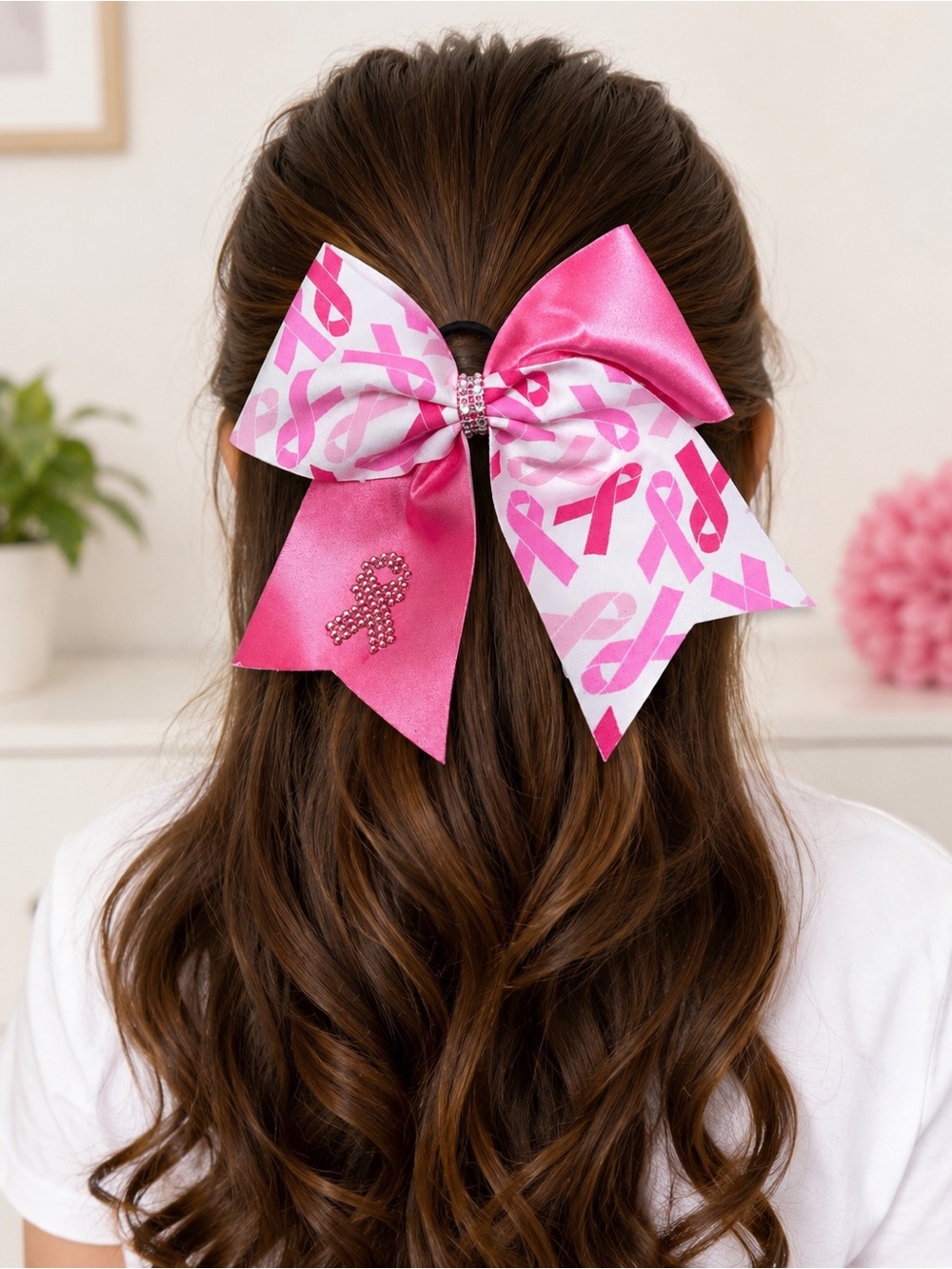 Pink Ribbon Breast Cancer Awareness Cheer Hair Bow Rhinestone Ponytail Holder
